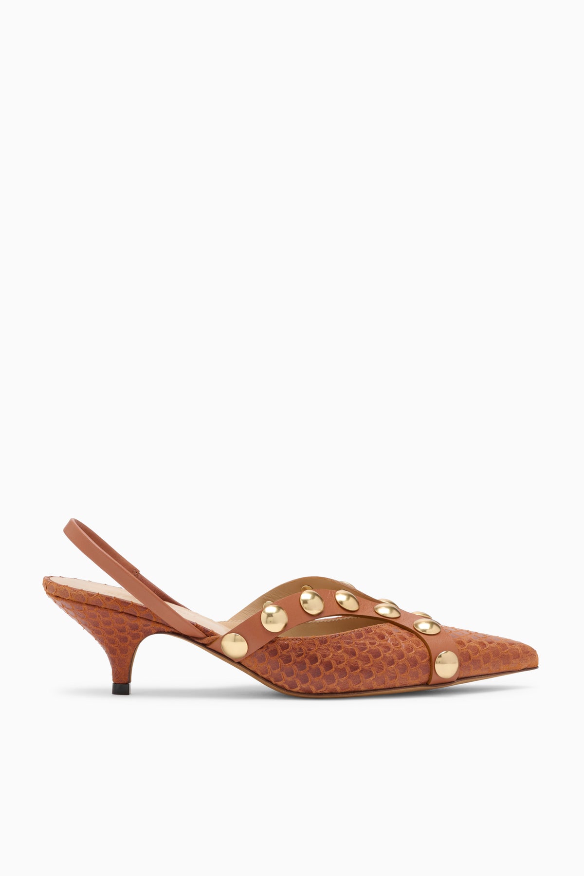 Nutmeg Embossed Leather Studded Kitten Heel - Side View | Ulla Johnson