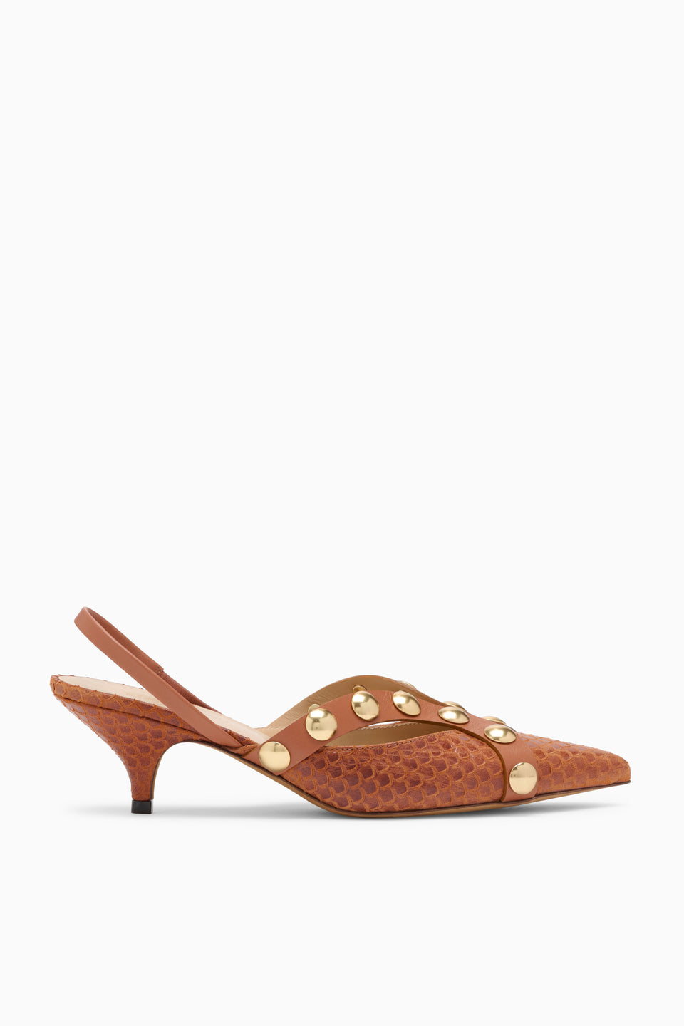 Nutmeg Embossed Leather Studded Kitten Heel - Side View | Ulla Johnson