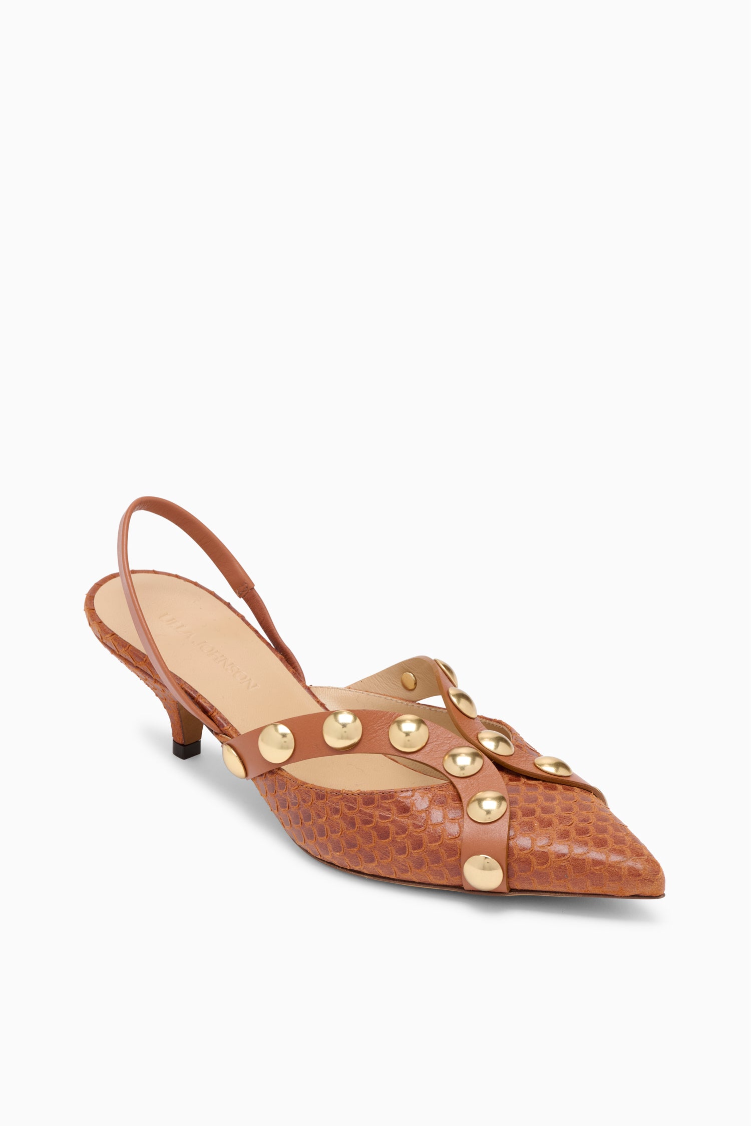Ulla Johnson Nutmeg Leather Studded Kitten Heel Slingback - Three-Quarter View | Ulla Johnson