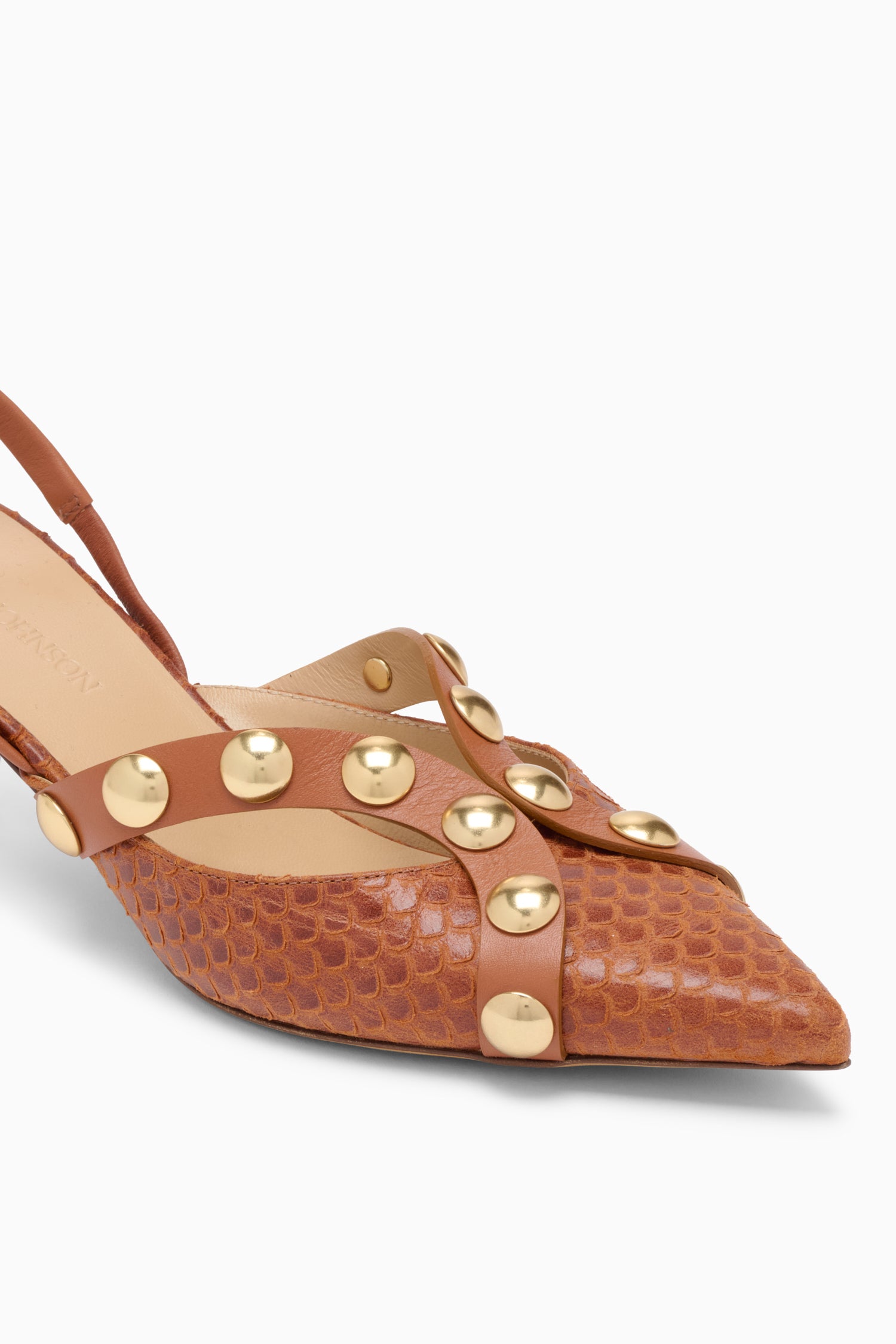 Ulla Johnson Nutmeg Embossed Leather Kitten Heel - Gold Stud Hardware Detail | Ulla Johnson