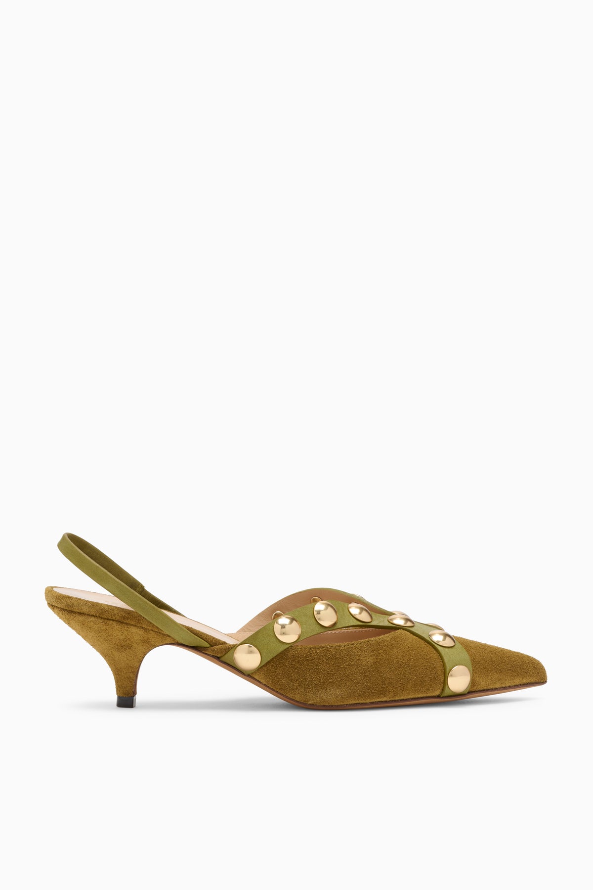 Olive Suede Studded Kitten Heel Slingback - Side Profile | Ulla Johnson