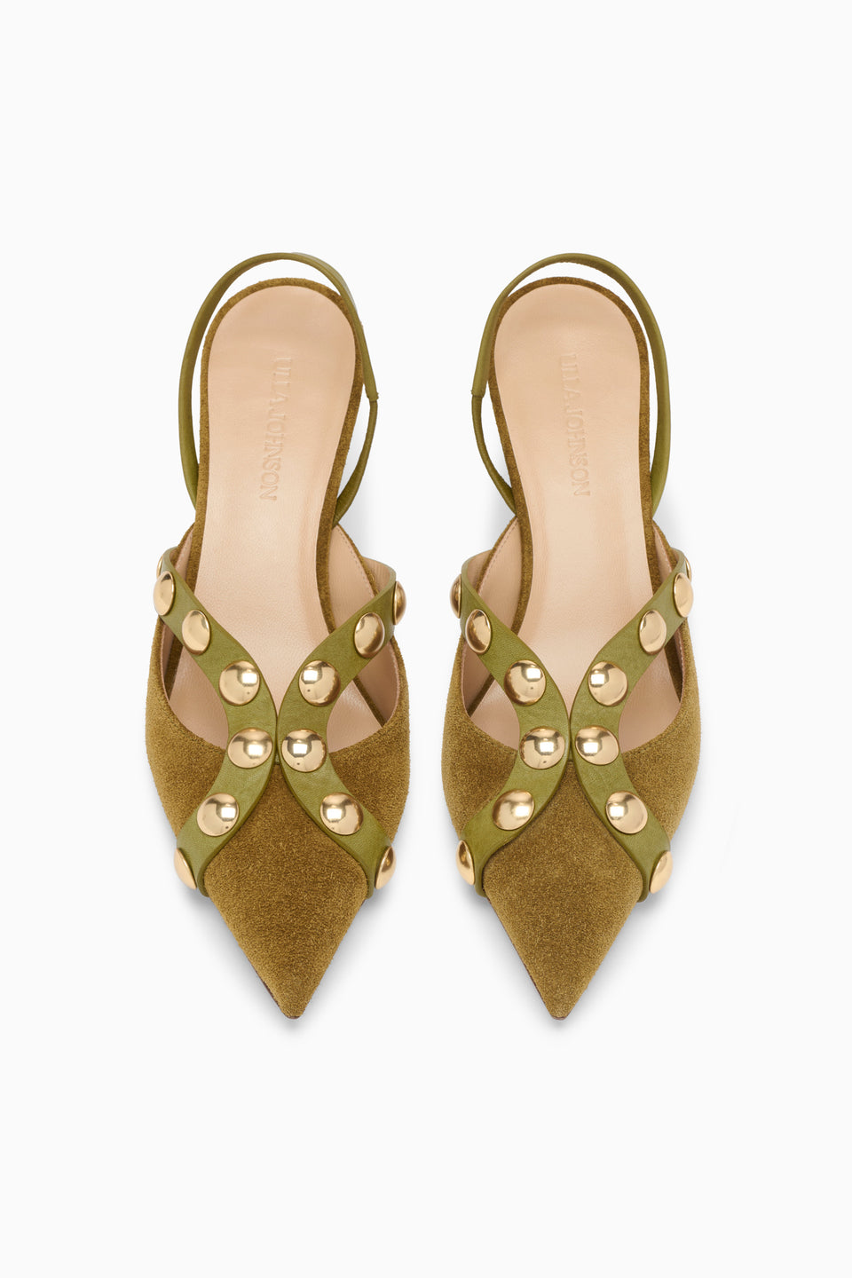 Olive Green Studded Slingback Heels - Overhead Pair View | Ulla Johnson