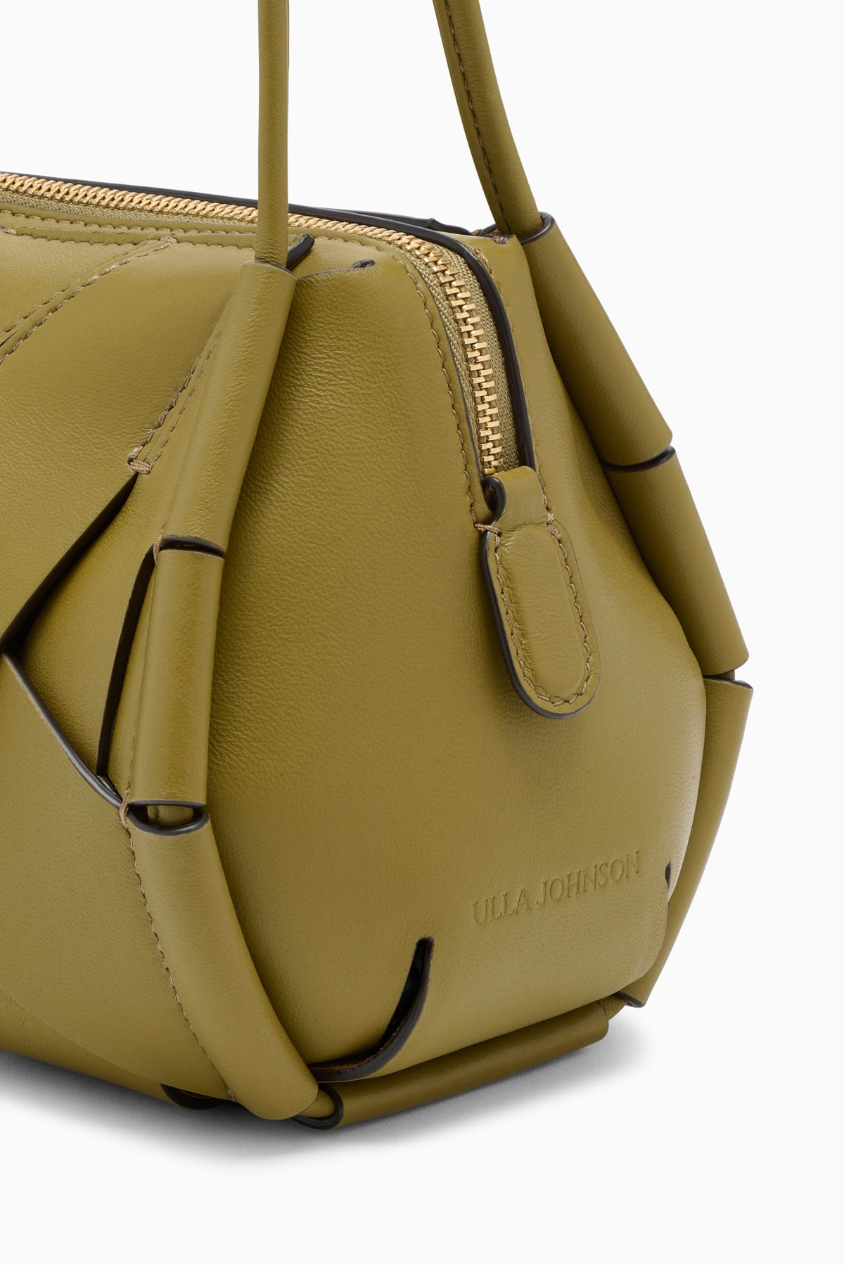 Olive Leather Charlotte Camera Bag Gold Zipper and Woven Panel Detail | Ulla Johnson
