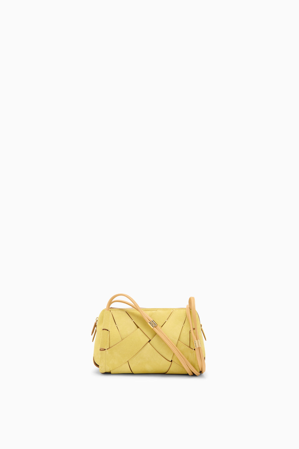 Mimosa Suede Charlotte Camera Bag - Front View with Strap Draped | Ulla Johnson