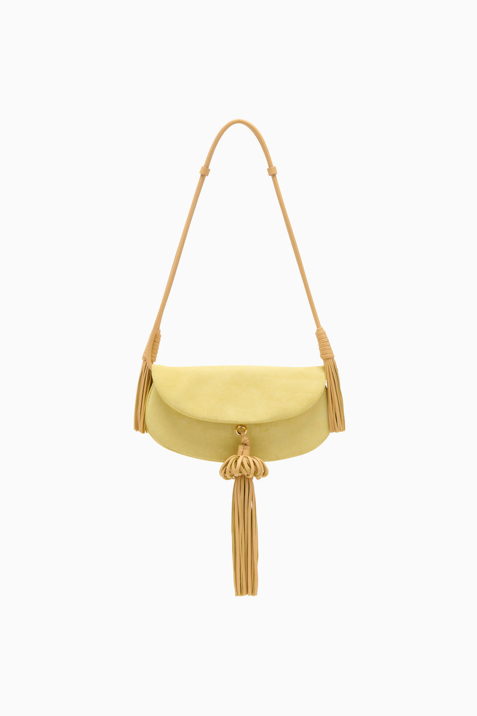 Mimosa Suede Paloma Flap Tassel Bag - Front View, Shoulder Strap | Ulla Johnson