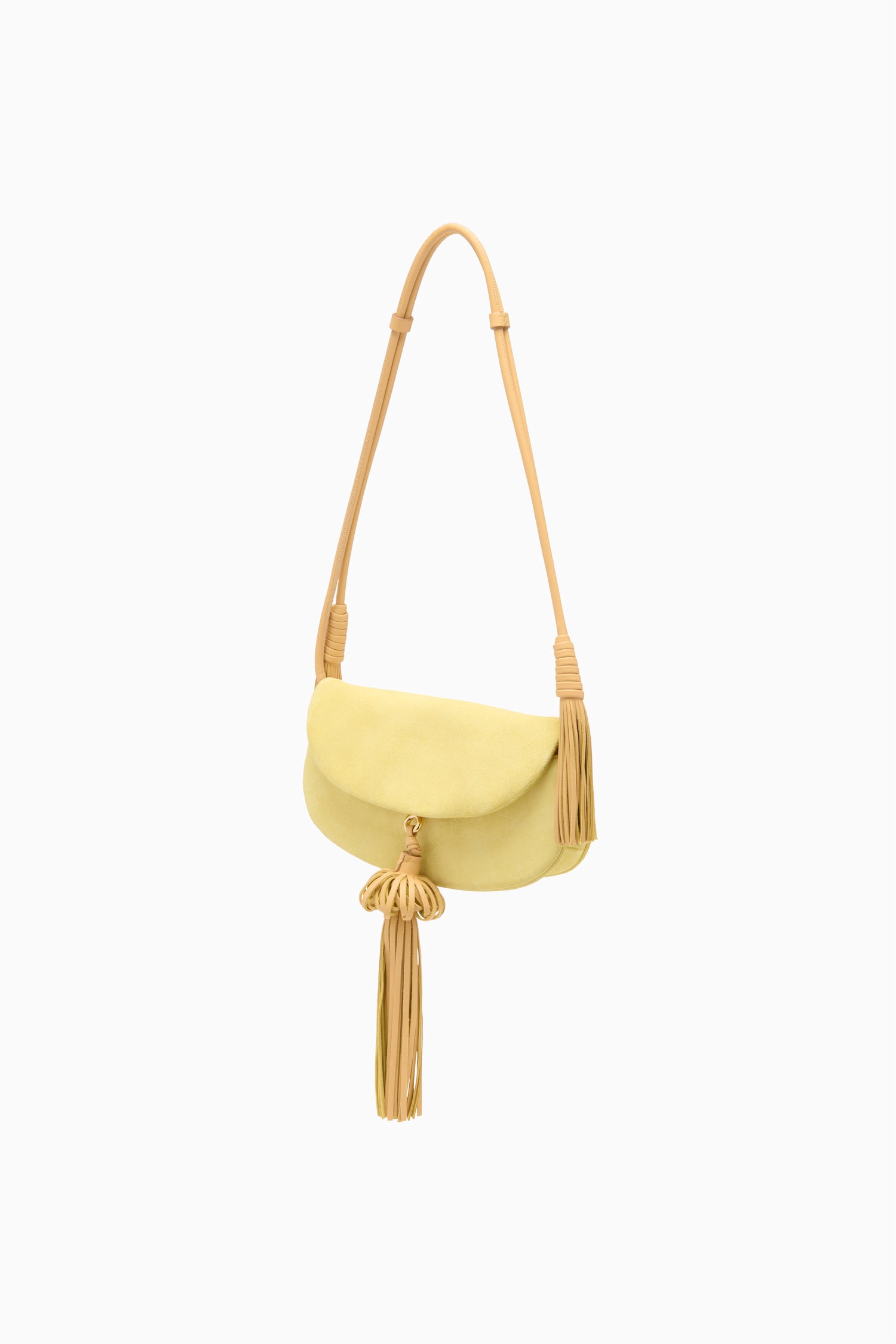 Ulla Johnson Mimosa Suede Paloma Flap Tassel Bag - Angled Side View with Leather Tassel | Ulla Johnson