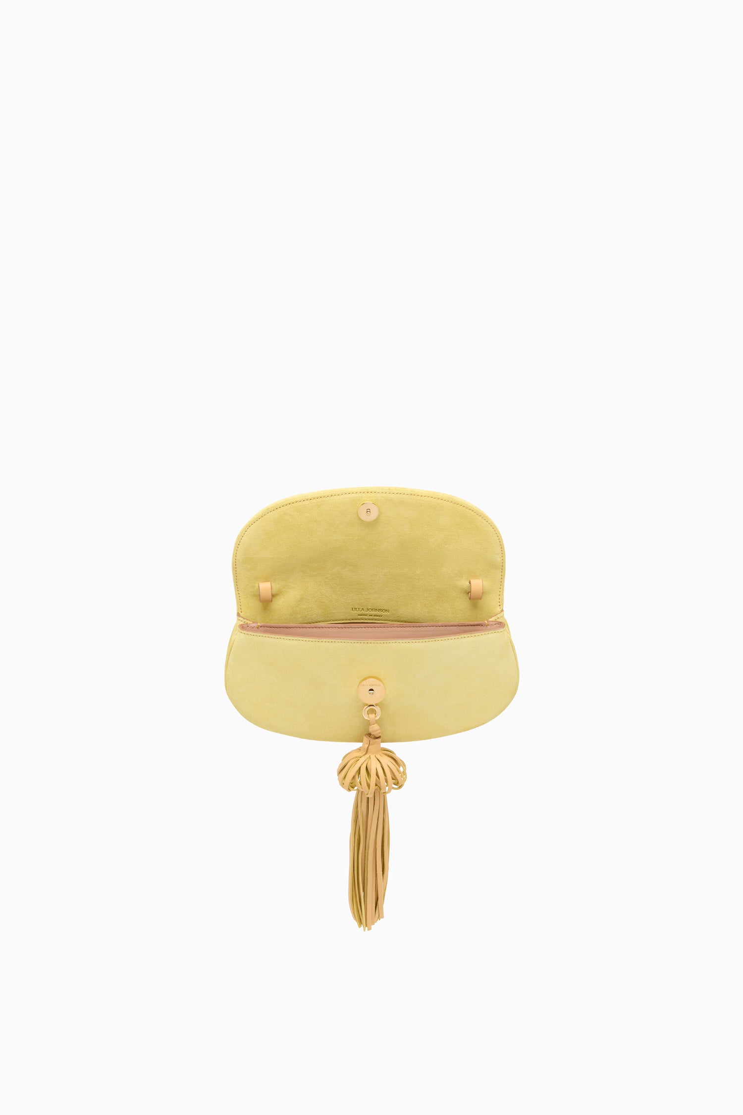 Ulla Johnson Mimosa Suede Luxury Tassel Bag - Open Flap Interior Detail, Gold Hardware | Ulla Johnson