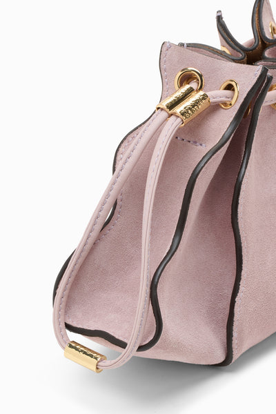 Lilac Suede Adria Crossbody - Drawstring & Gold Hardware Close-Up Detail | Ulla Johnson