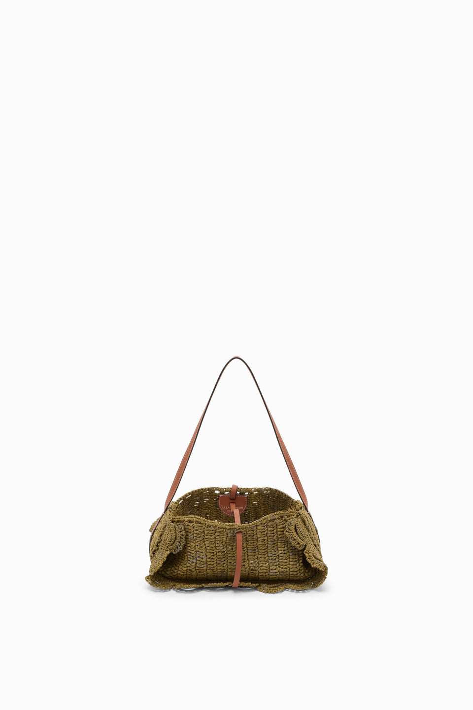 Olive Raffia Scallop Pouchette Open Interior View - Crochet Raffia Shoulder Bag | Ulla Johnson
