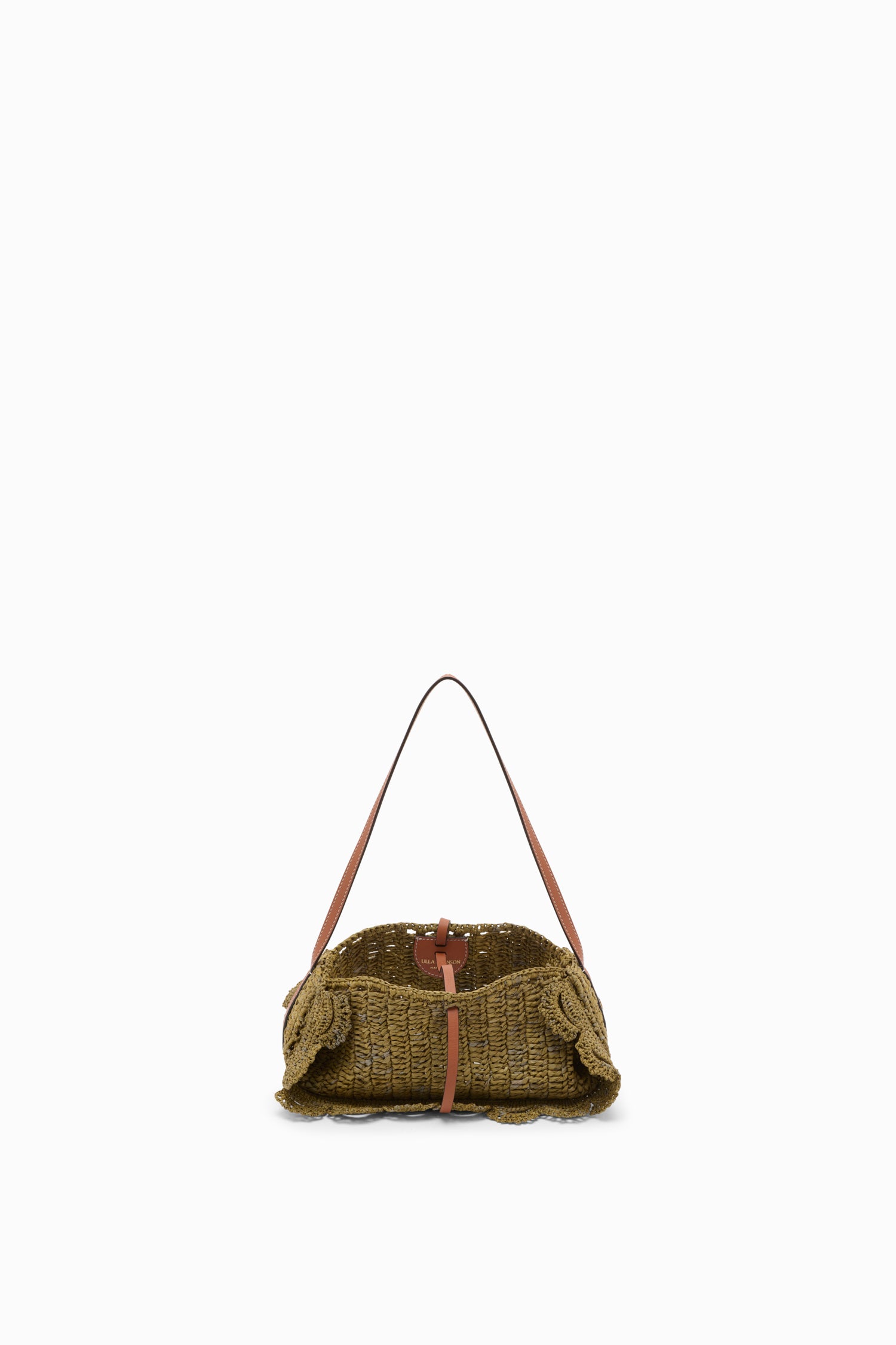 Ulla Johnson ⁣⁢Olivfarbene Raffia-Pochette mit Bogenkante, Innenansicht offen – Gehäkelte Raffia-Umhängetasche | Ulla Johnson⁤⁣