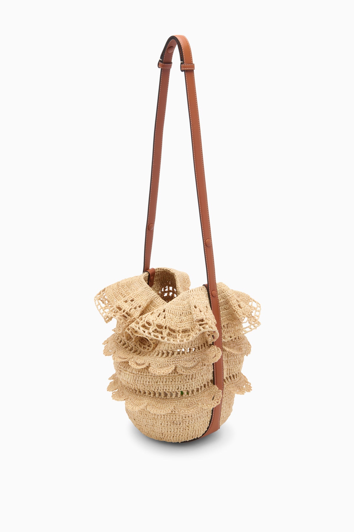 Natural Designer Raffia Bucket Bag with Tan Leather Strap - Side Profile | Ulla Johnson