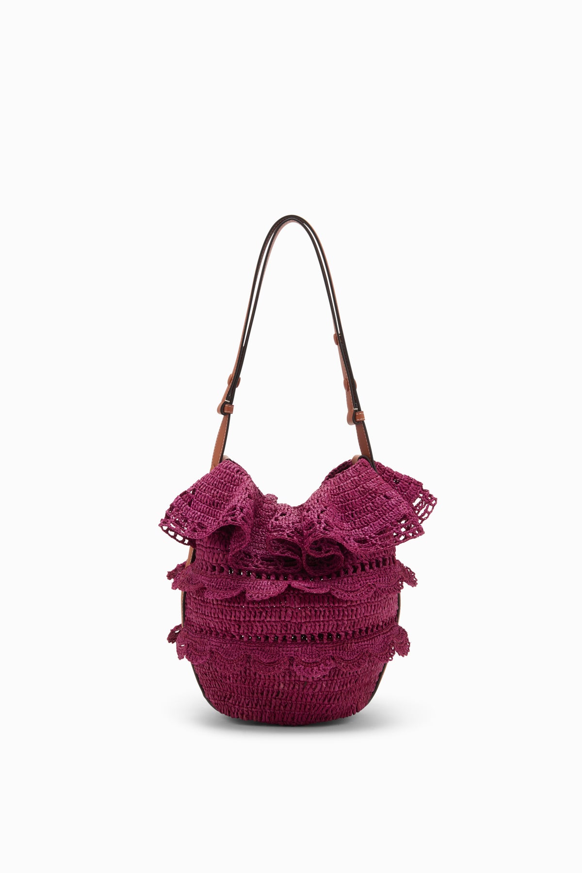 ⁣⁢Orchid Bolso bombonera de rafia con volantes tejido a mano con correa de piel Tan - Vista frontal | Ulla Johnson⁤⁣