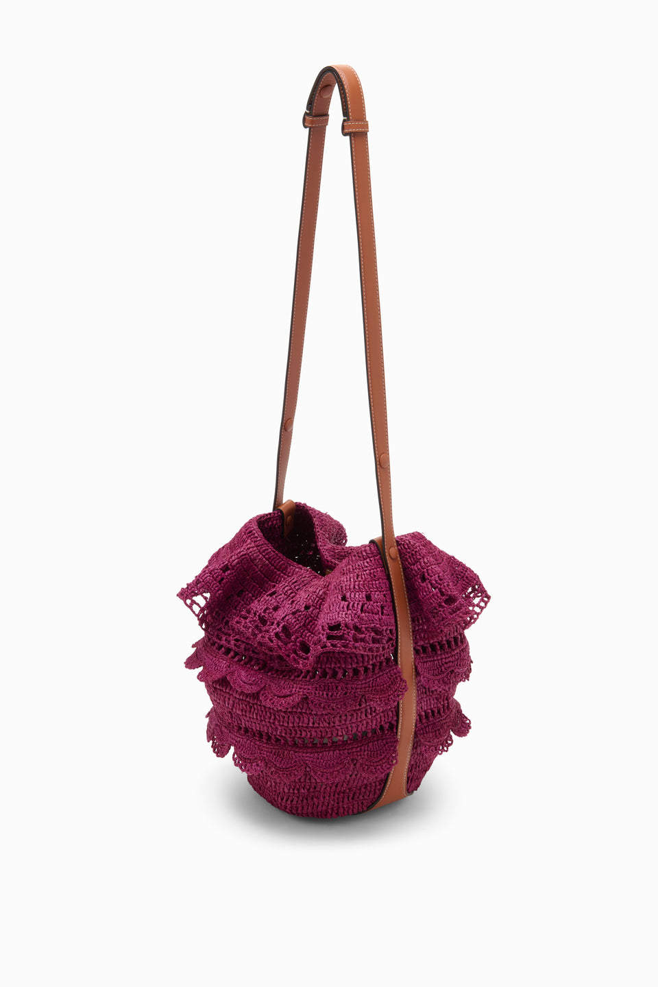 Orchid Purple Raffia Bucket Bag Adjustable Leather Shoulder Strap - Side Angle | Ulla Johnson