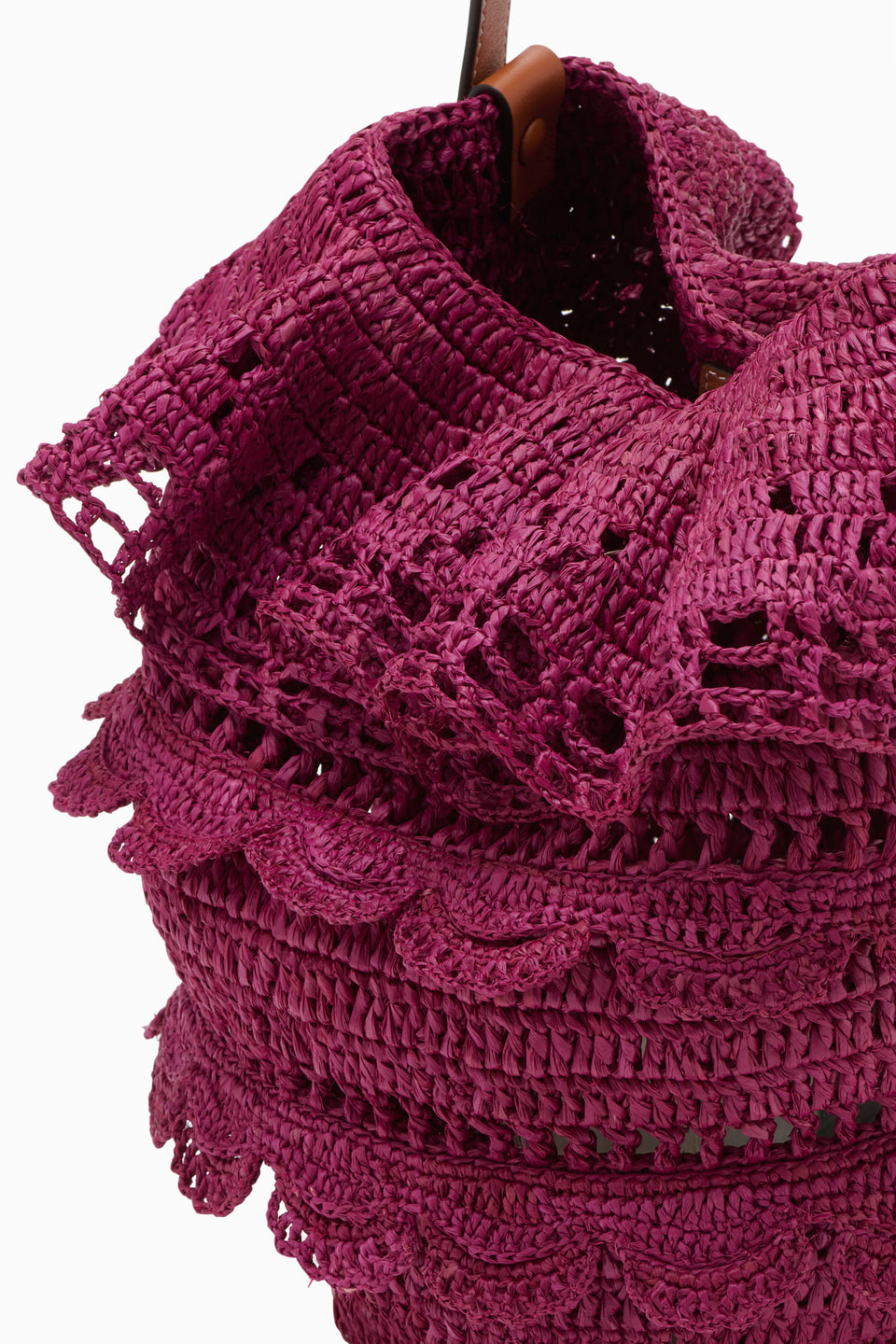 Orchid Hand-Crocheted Raffia Ruffle Bucket Bag Scalloped Petal Detail - Open Top View | Ulla Johnson