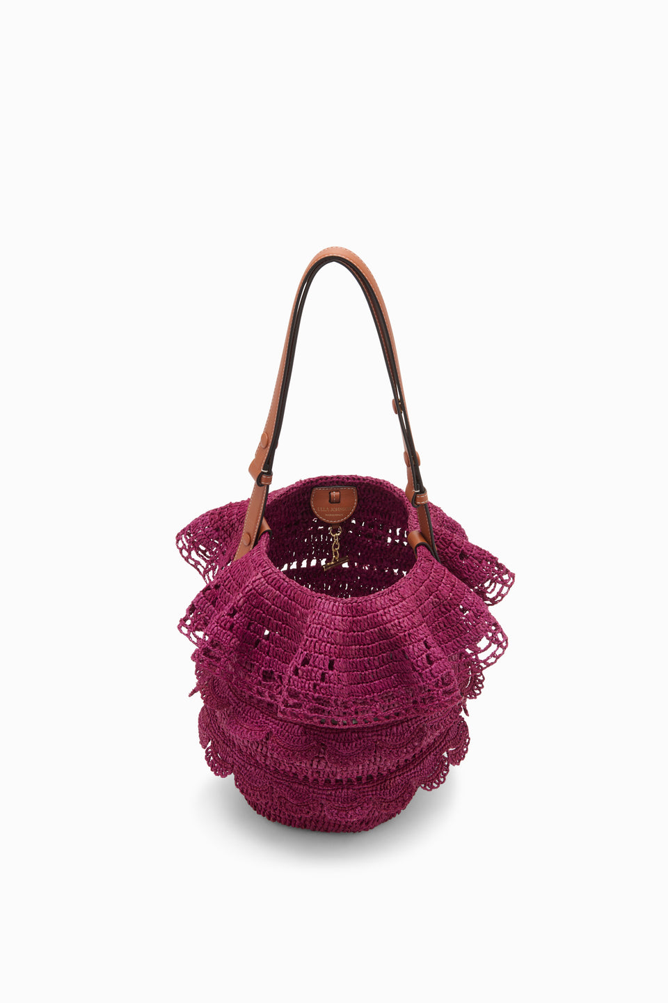 Orchid Designer Raffia Ruffle Bucket Bag Interior & Gold T-Bar Closure - Open Top View | Ulla Johnson