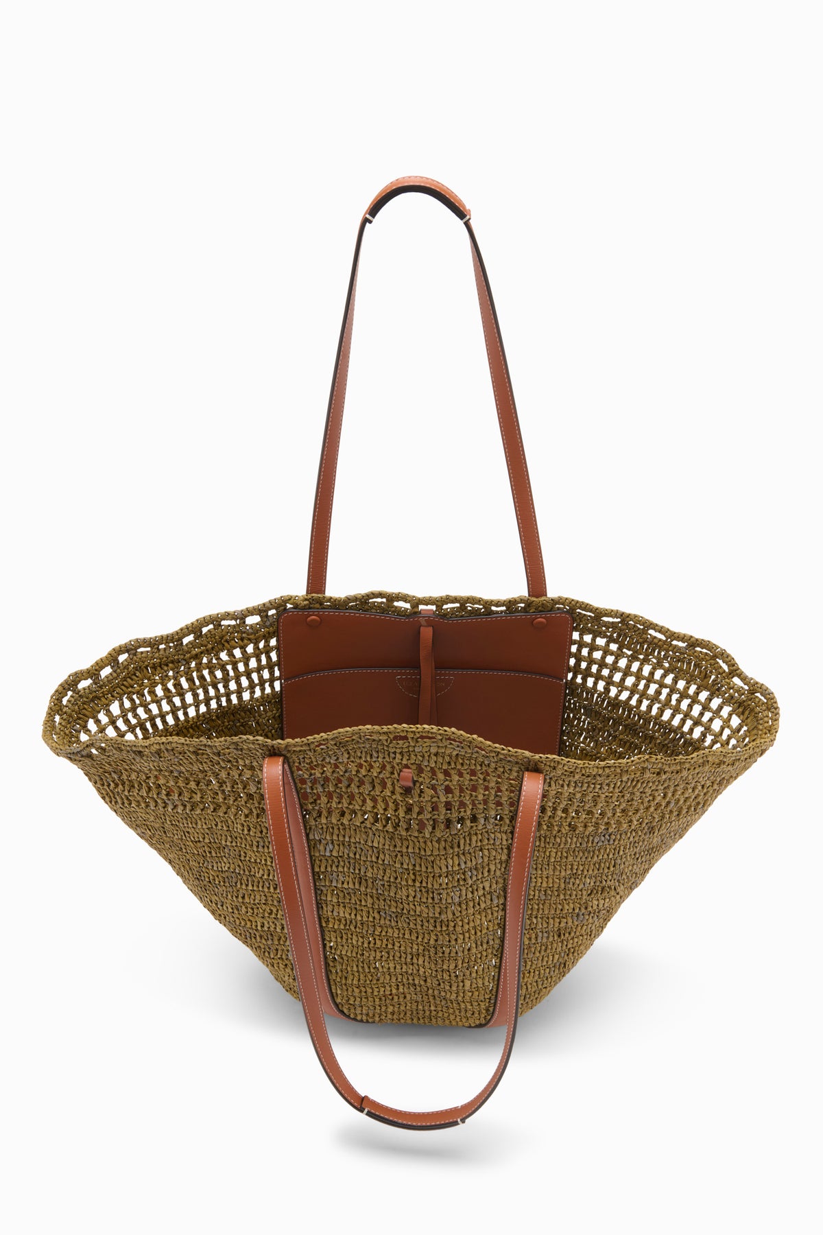 Olive Luxury Raffia Tote Interior View with Leather Pocket - Open Top Detail | Ulla Johnson