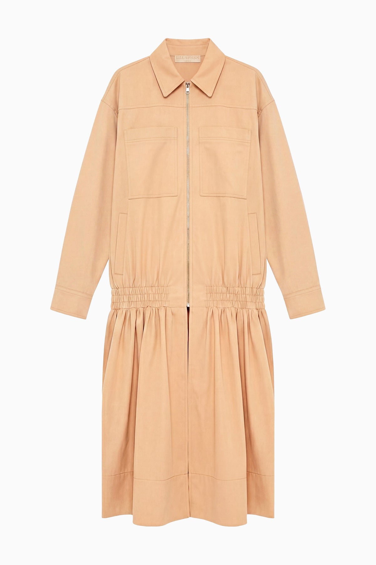 Fawn Luxury Cotton Twill Coat - Flat Lay, Full Length with Zipper Front and Gathered Hem | Ulla Johnson