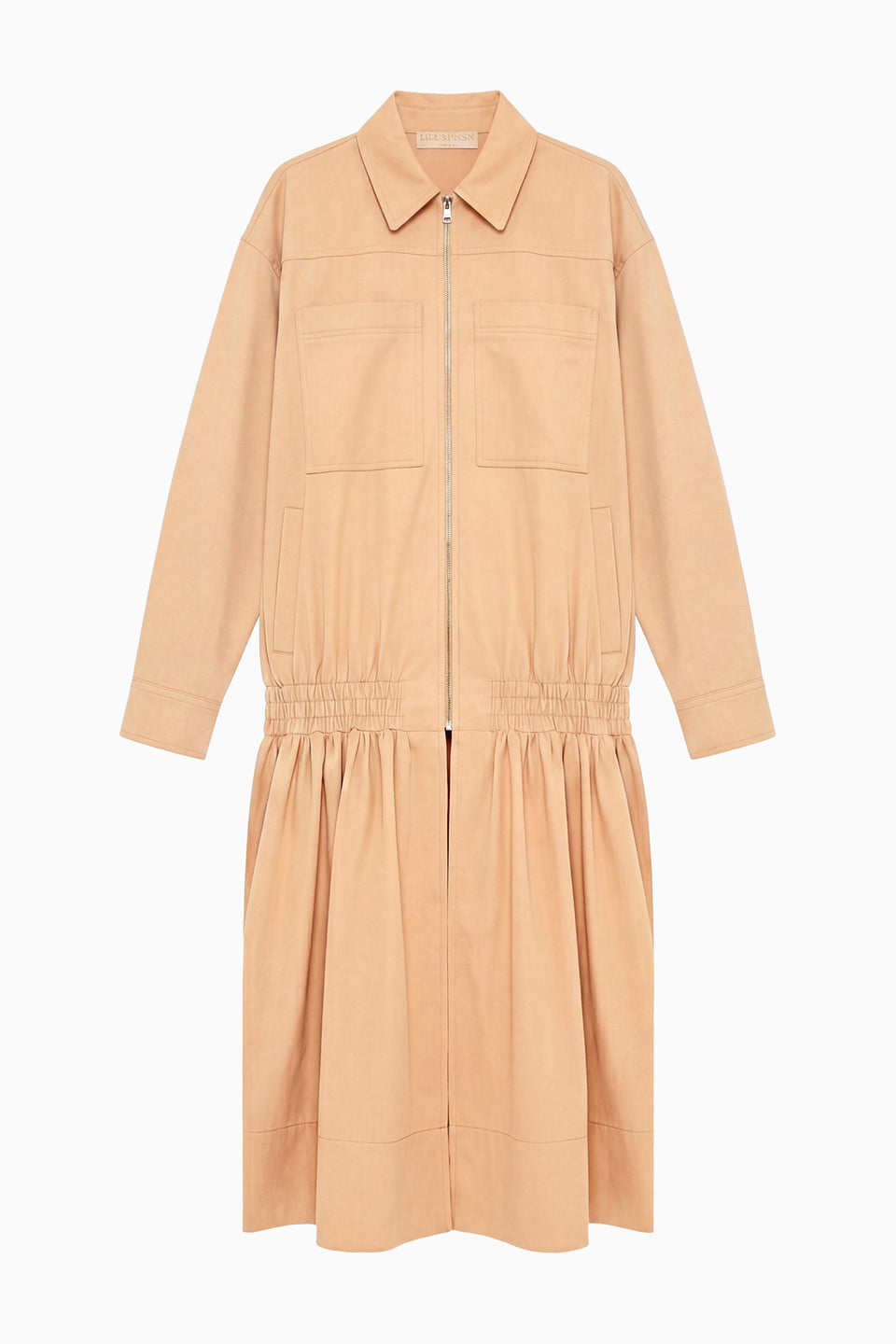 Fawn Luxury Cotton Twill Coat - Flat Lay, Full Length with Zipper Front and Gathered Hem | Ulla Johnson