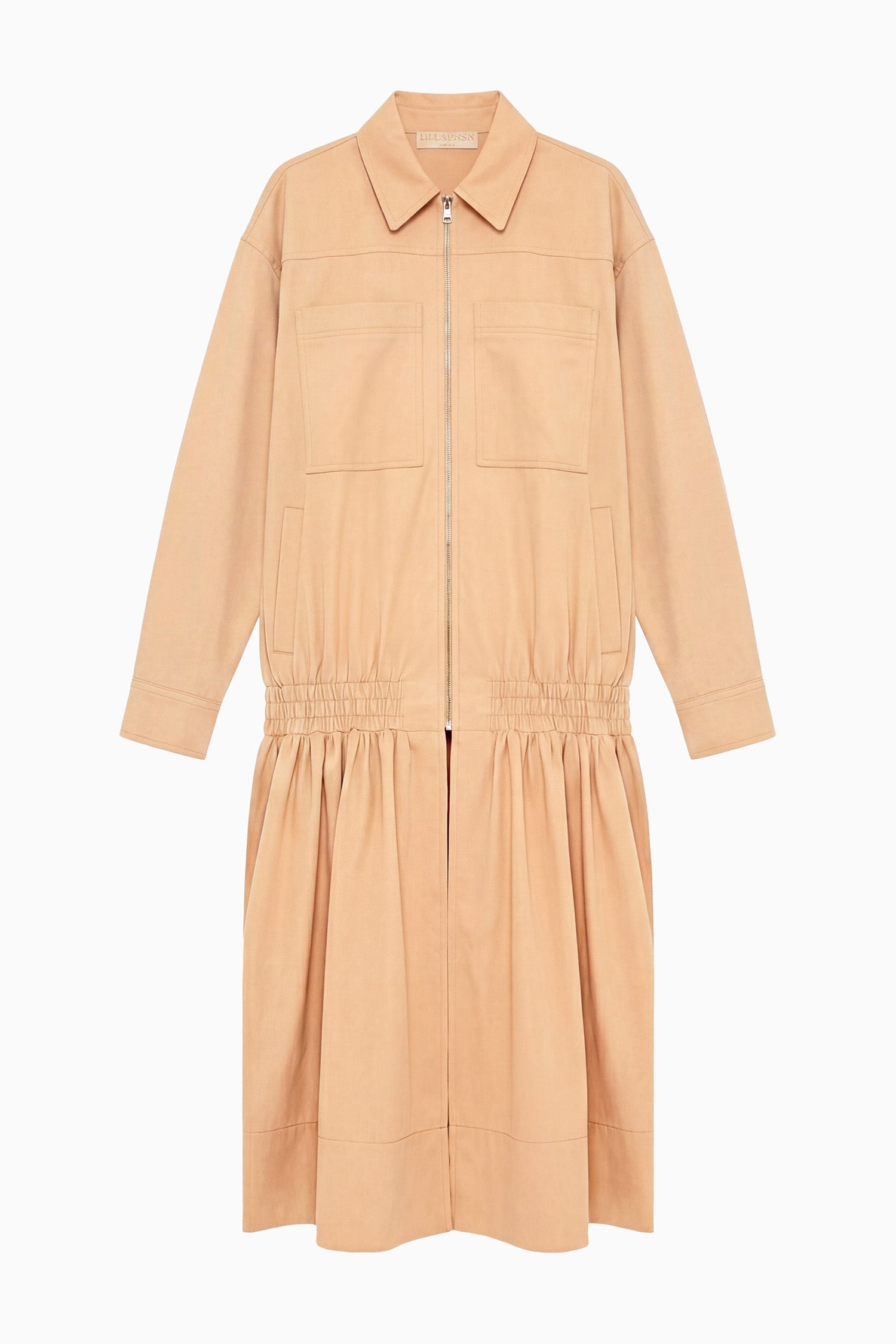 Ulla Johnson Fawn Luxury Cotton Twill Coat - Flat Lay, Full Length with Zipper Front and Gathered Hem | Ulla Johnson