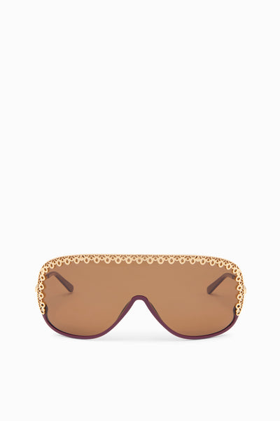 Plum Acetate D-Frame Sunglasses with Gold-Tone Ornate Trim - Front View | Ulla Johnson