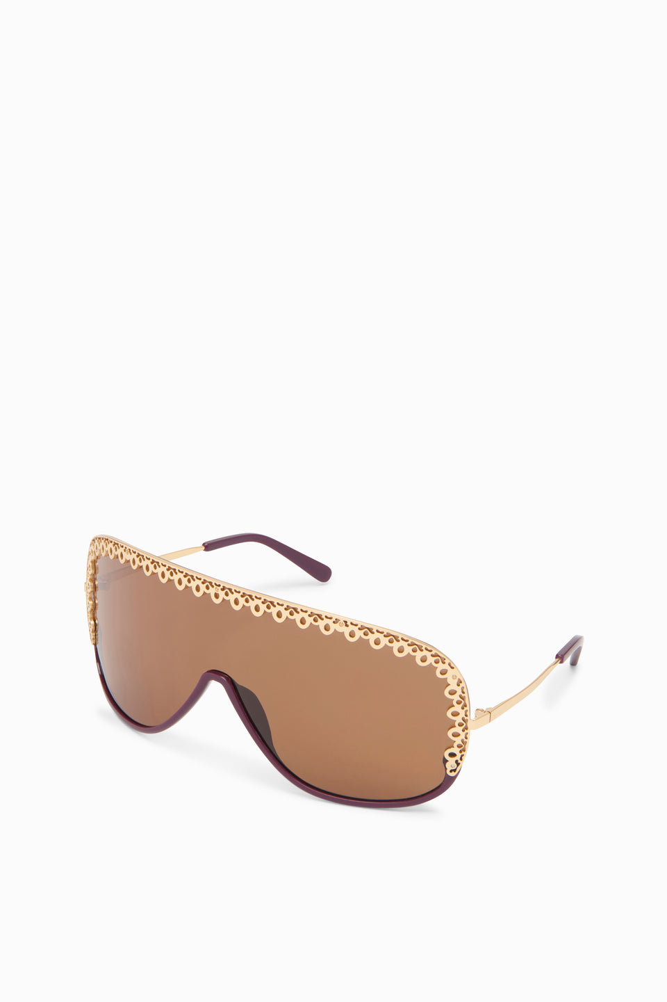 Plum Acetate Designer D-Frame Sunglasses with Gold Lace-Edge Trim - Three-Quarter Angle | Ulla Johnson