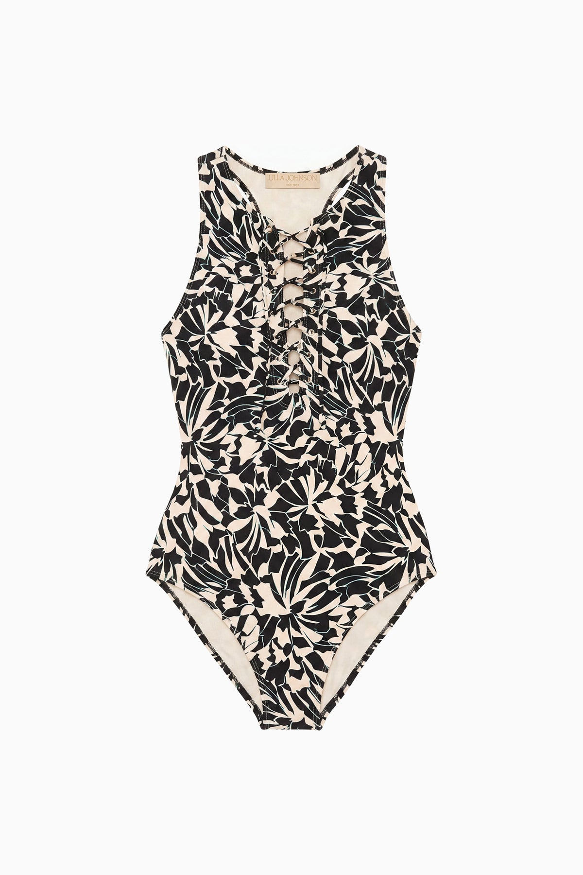 Solina Lace-Up Maillot Mercury Botanical Print One-Piece Swimsuit - Flat Lay | Ulla Johnson
