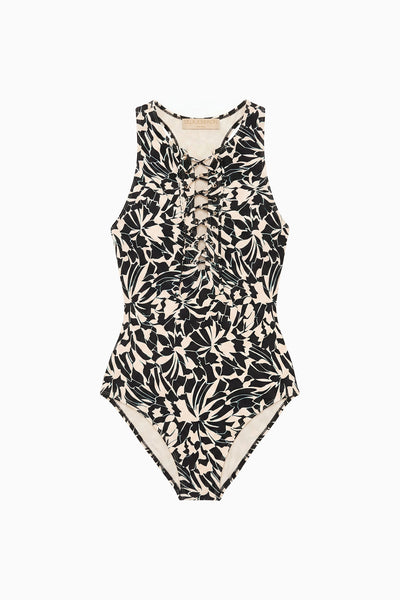 Solina Lace-Up Maillot Mercury Botanical Print One-Piece Swimsuit - Flat Lay | Ulla Johnson