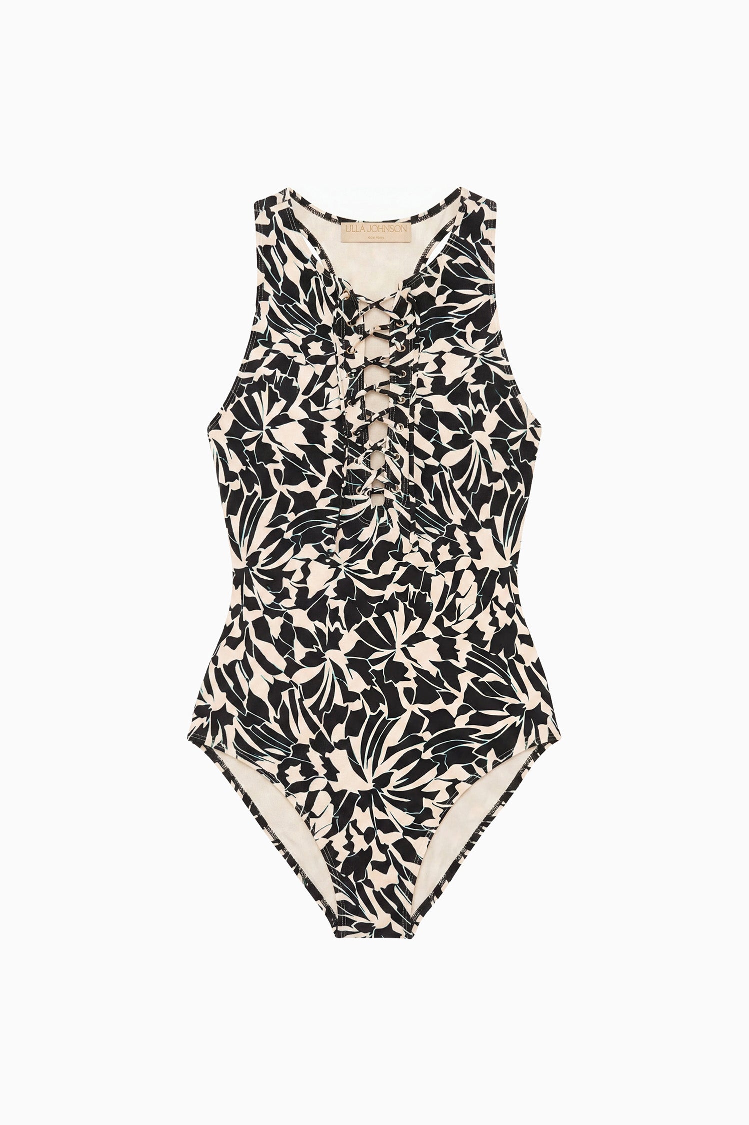 Ulla Johnson Solina Lace-Up Maillot Mercury Botanical Print One-Piece Swimsuit - Flat Lay | Ulla Johnson