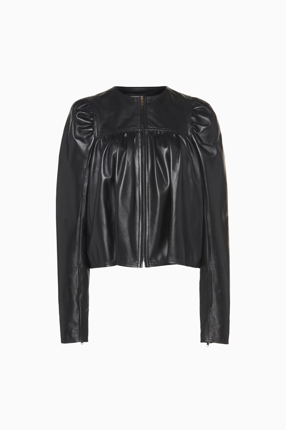 Black Leather Anouk Zip Up Jacket - Flat Lay Front View, Gathered Bodice Detail | Ulla Johnson