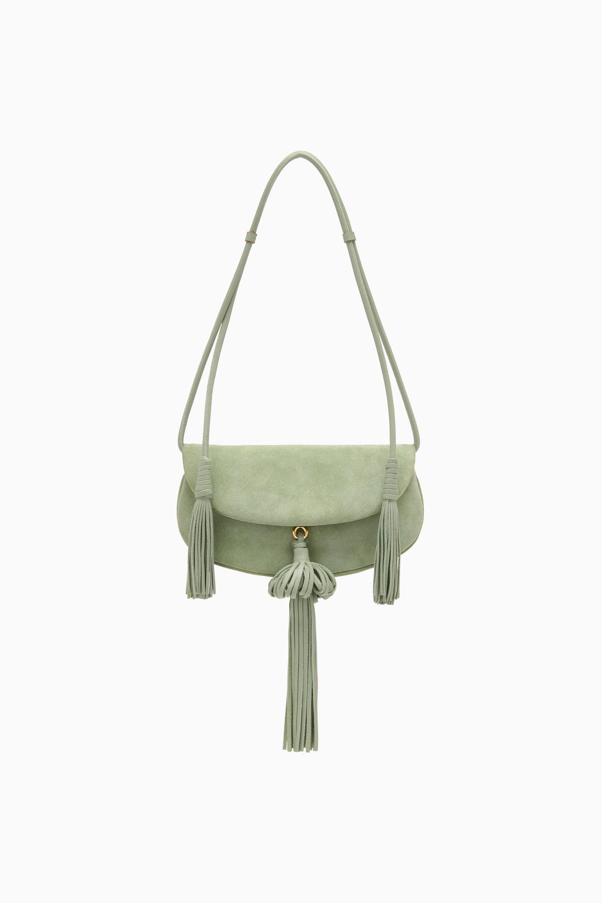Sea Glass Suede Paloma Tassel Flap Bag - Front View | Ulla Johnson