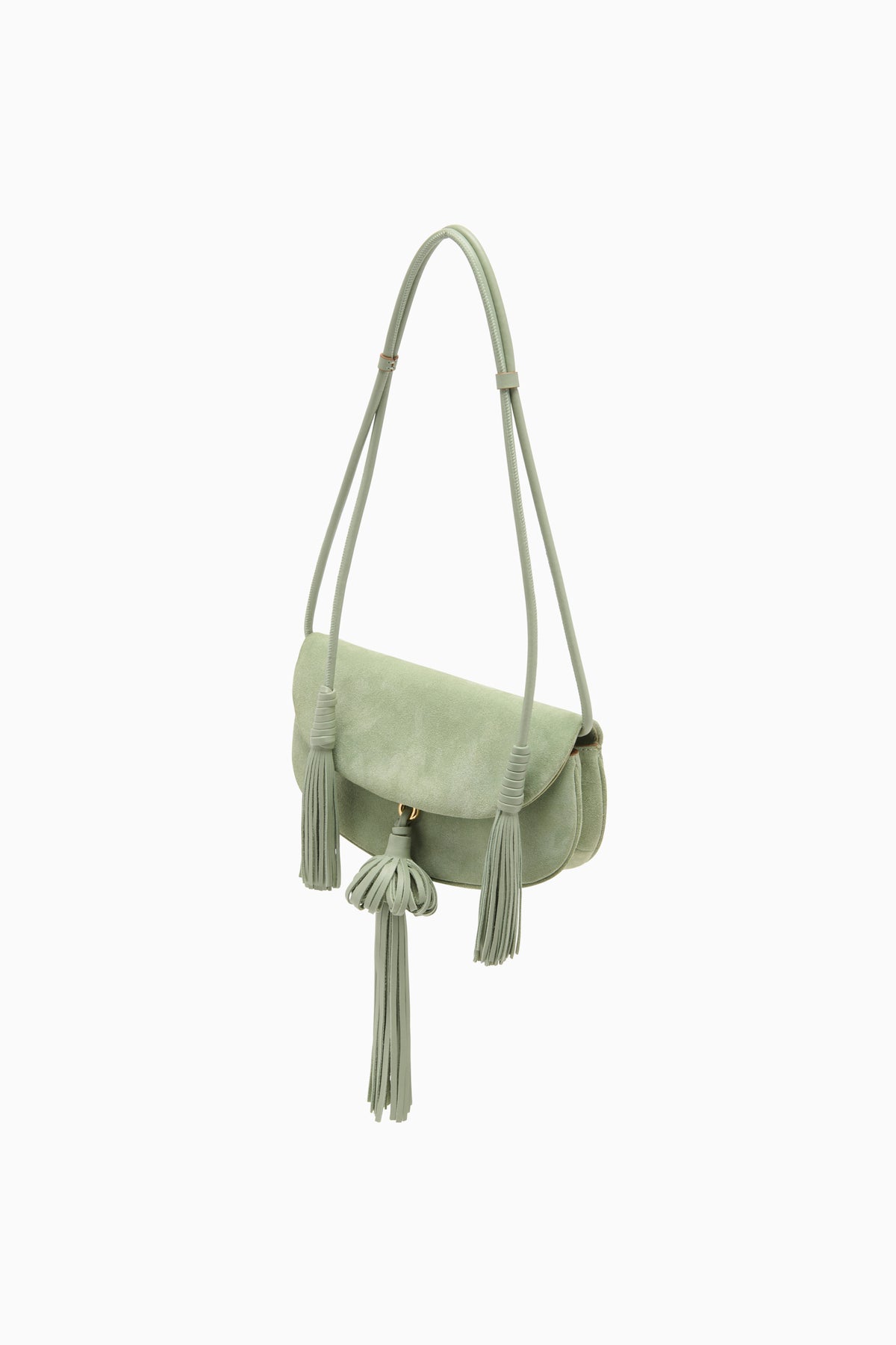 Sea Glass Suede Paloma Tassel Flap Bag - Side Angle | Ulla Johnson