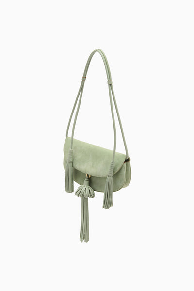 Sea Glass Suede Paloma Tassel Flap Bag - Side Angle | Ulla Johnson