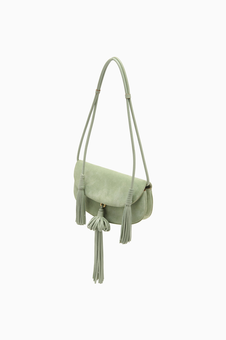 Sea Glass Suede Paloma Tassel Flap Bag - Side Angle | Ulla Johnson