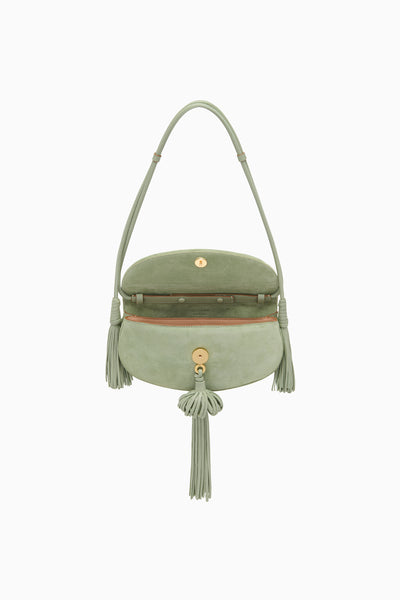 Sea Glass Suede Paloma Tassel Flap Bag - Open Interior View | Ulla Johnson