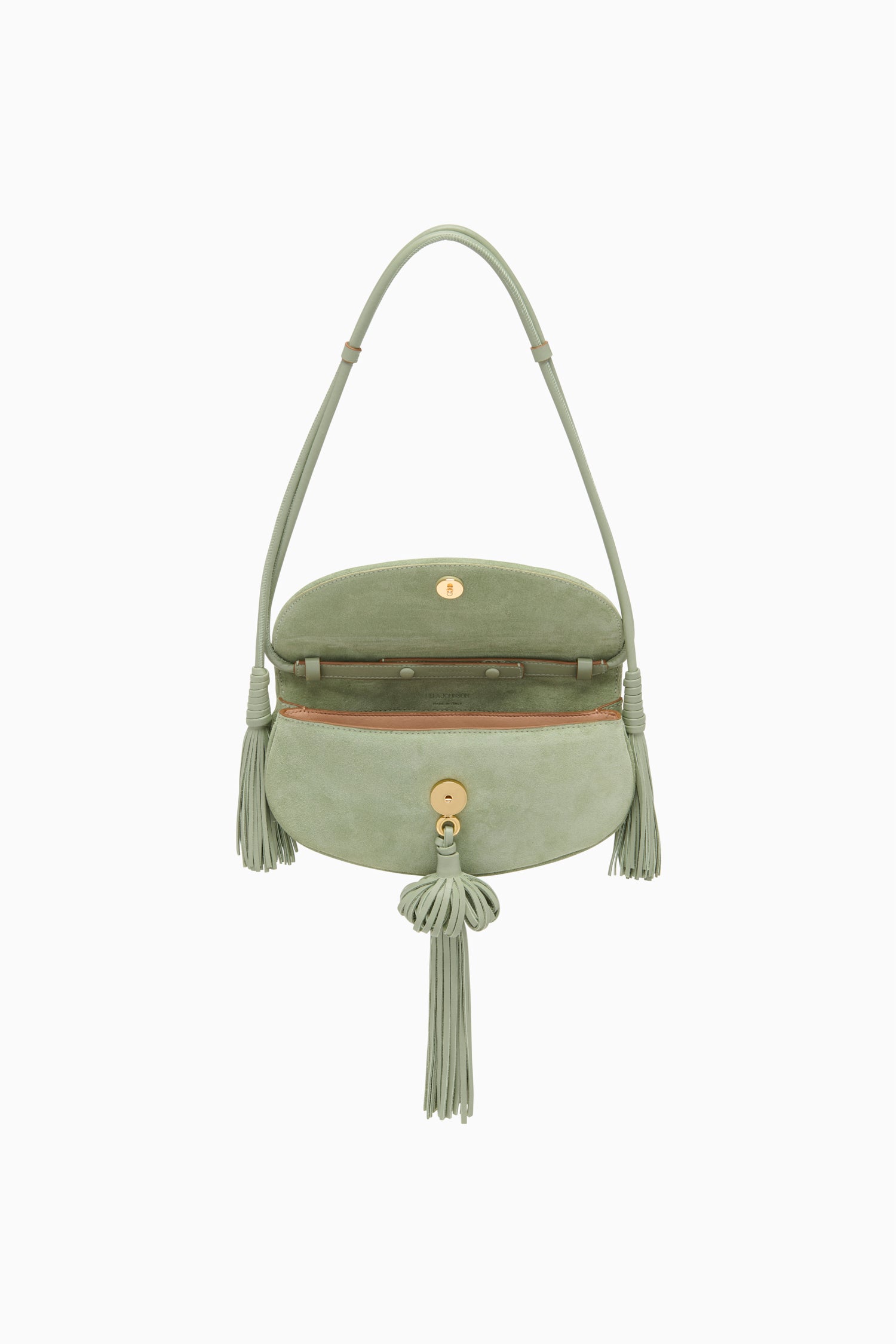Ulla Johnson Sea Glass Suede Paloma Tassel Flap Bag - Open Interior View | Ulla Johnson