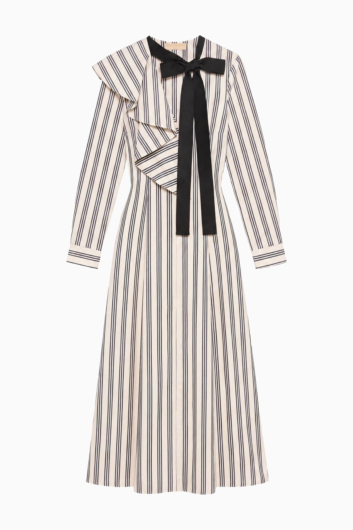 Ulla Johnson Ecru Stripe Premium Cotton Poplin Dress - Flat Lay with Removable Black Tie | Ulla Johnson