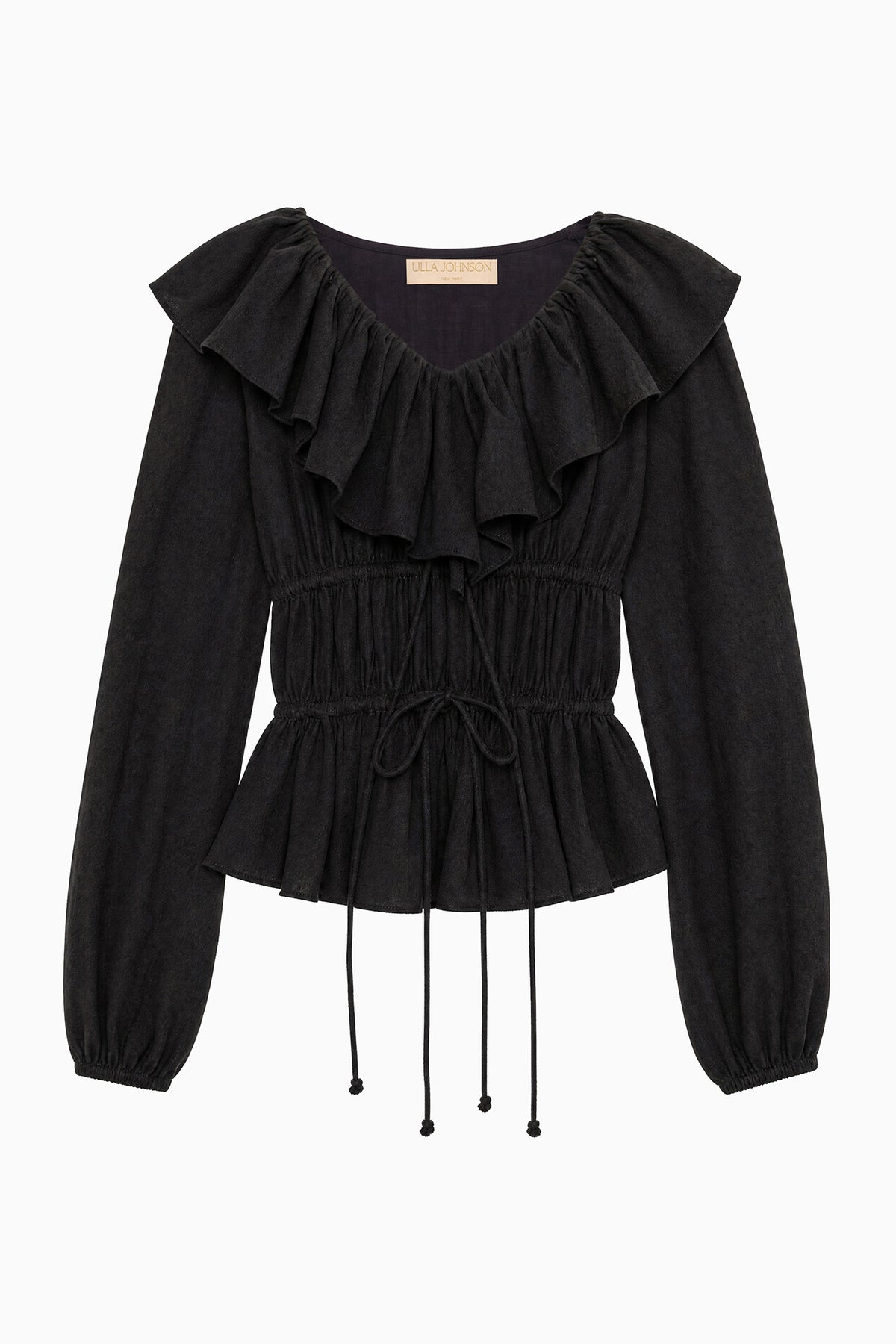 Noir Luxury Cotton Gauze Ruffle Top - Flat Lay, Drawstring Waist Detail | Ulla Johnson