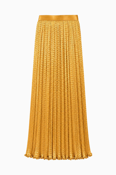 Topaz Gold Satin Micro-Pleated Midi Skirt - Flat Lay, Luxury Designer | Ulla Johnson