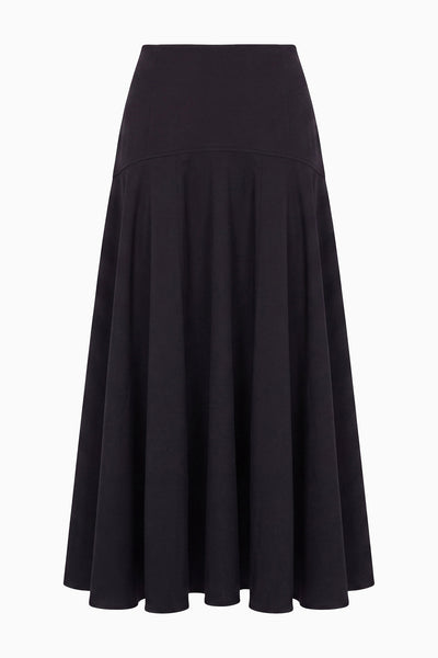 Noir Cotton Twill Flared Midi Skirt - Flat Lay, Luxury Designer | Ulla Johnson