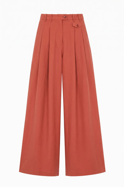 Bronze Cotton Twill Pleated Wide Leg Trouser - Flat Lay, Designer | Ulla Johnson