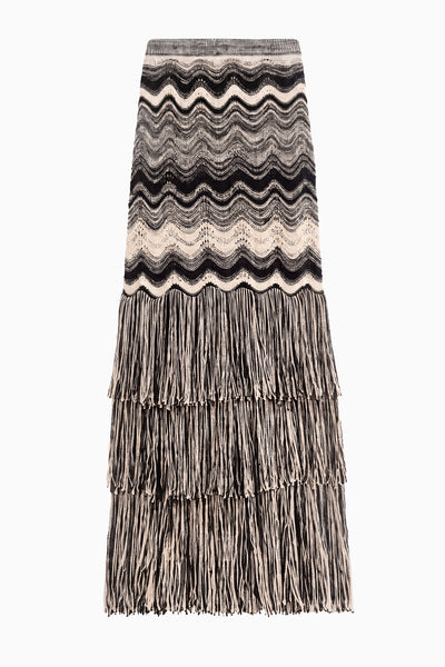 Noir/Gardenia Premium Jacquard Fringe Knit Skirt - Flat Lay | Ulla Johnson