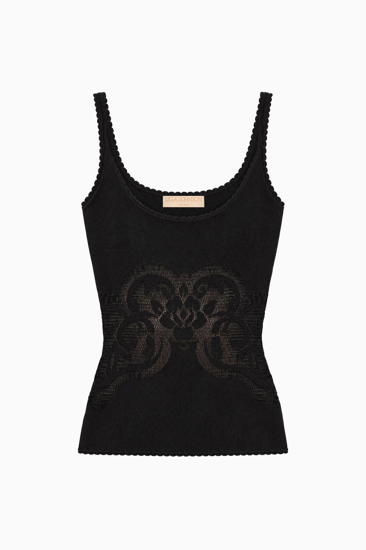 Black Premium Knit Tank Top Floral Jacquard Scallop Trim - Flat Lay | Ulla Johnson