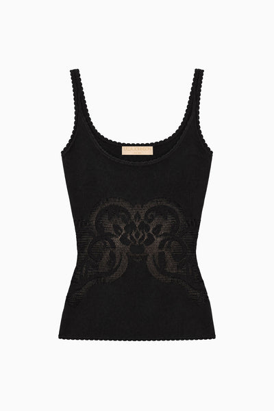 Black Premium Knit Tank Top Floral Jacquard Scallop Trim - Flat Lay | Ulla Johnson