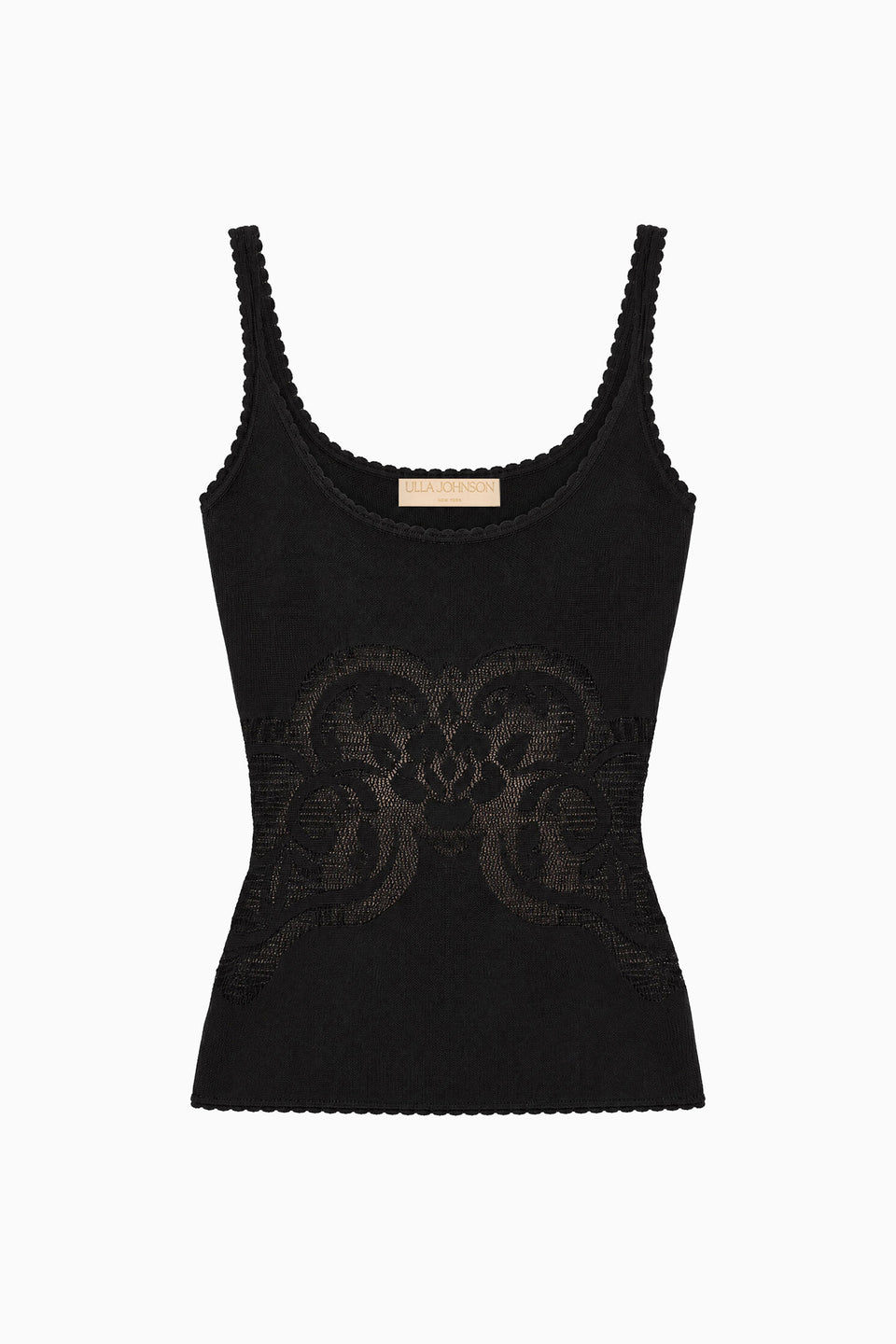 Black Premium Knit Tank Top Floral Jacquard Scallop Trim - Flat Lay | Ulla Johnson