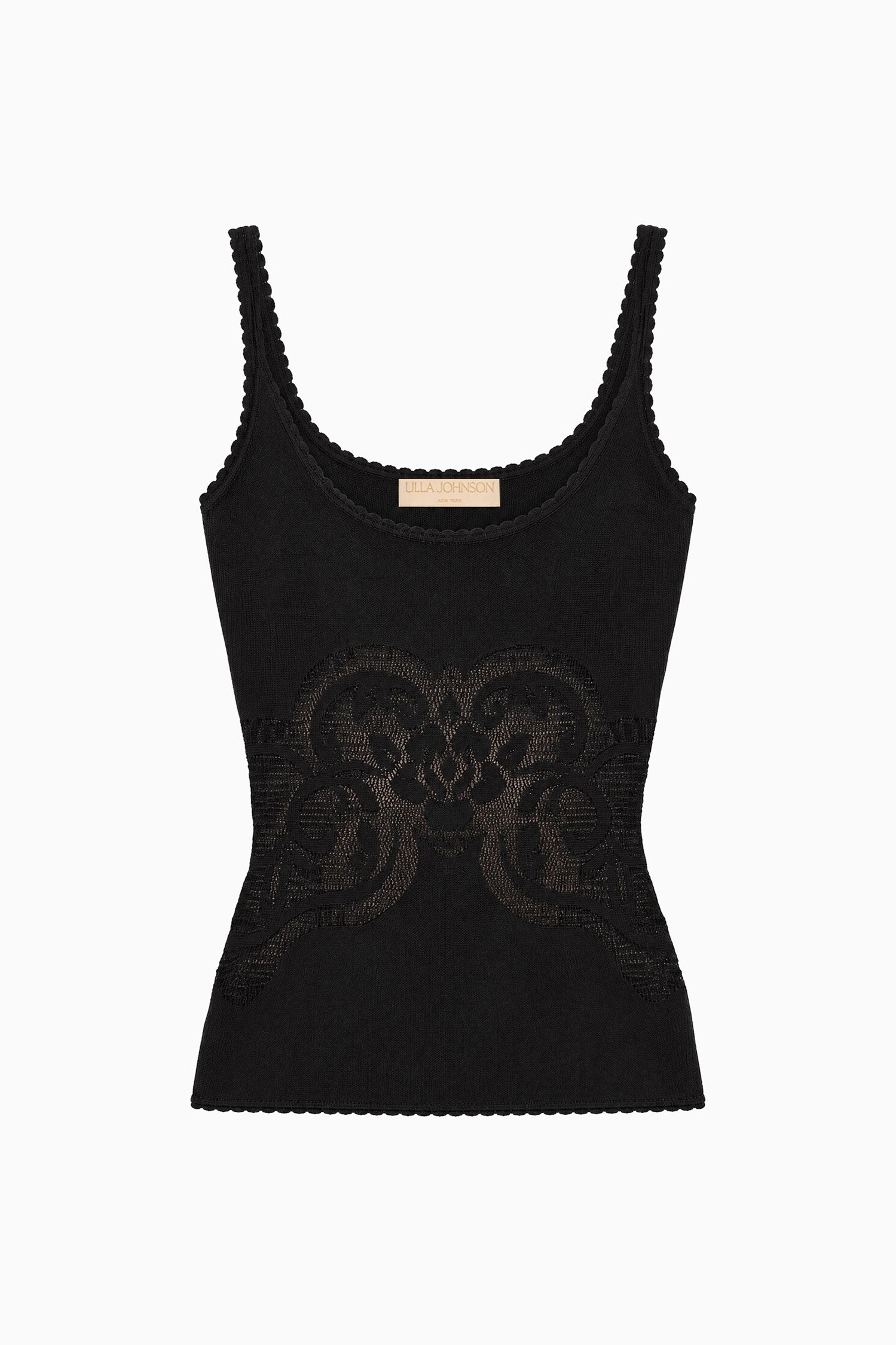 Ulla Johnson Black Premium Knit Tank Top Floral Jacquard Scallop Trim - Flat Lay | Ulla Johnson