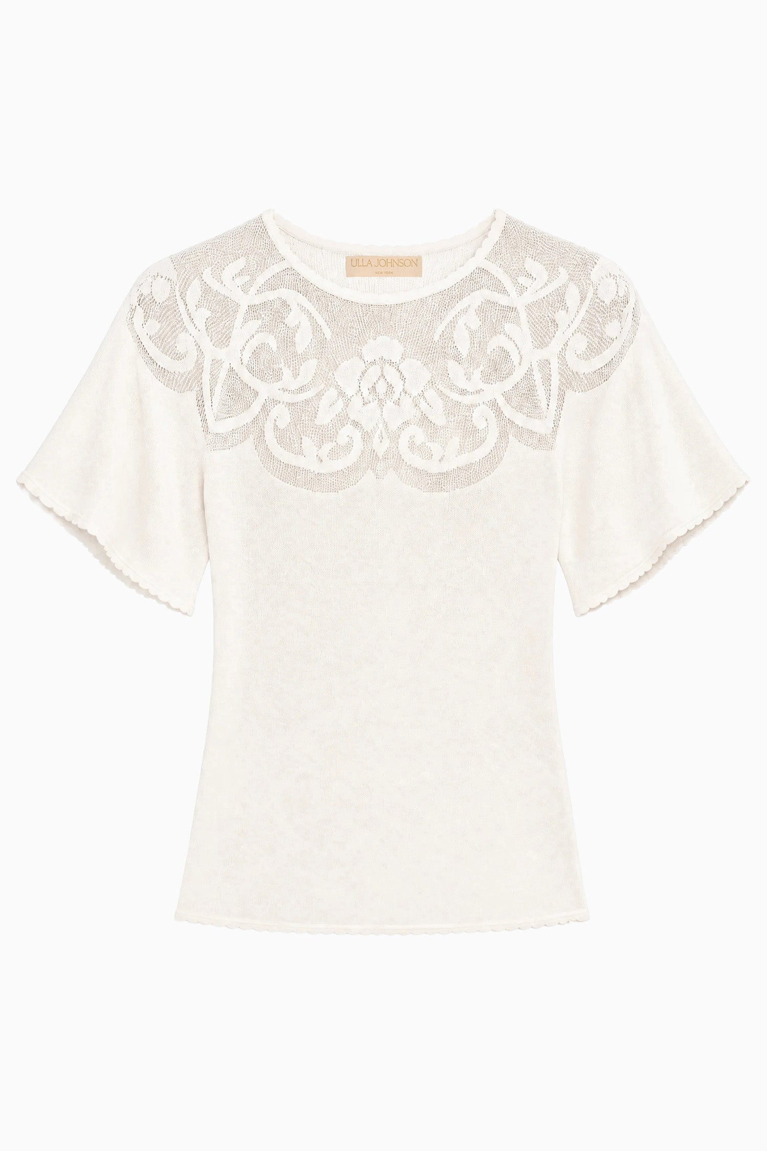 Ulla Johnson Cowrie White Premium Jacquard Knit Top - Flat Lay, Flutter Sleeves | Ulla Johnson