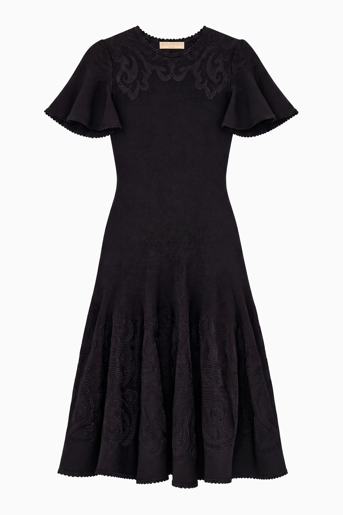 Noir Floral Jacquard Knit Mini Dress - Flat Lay, Flutter Sleeves and Pleated Skirt | Ulla Johnson