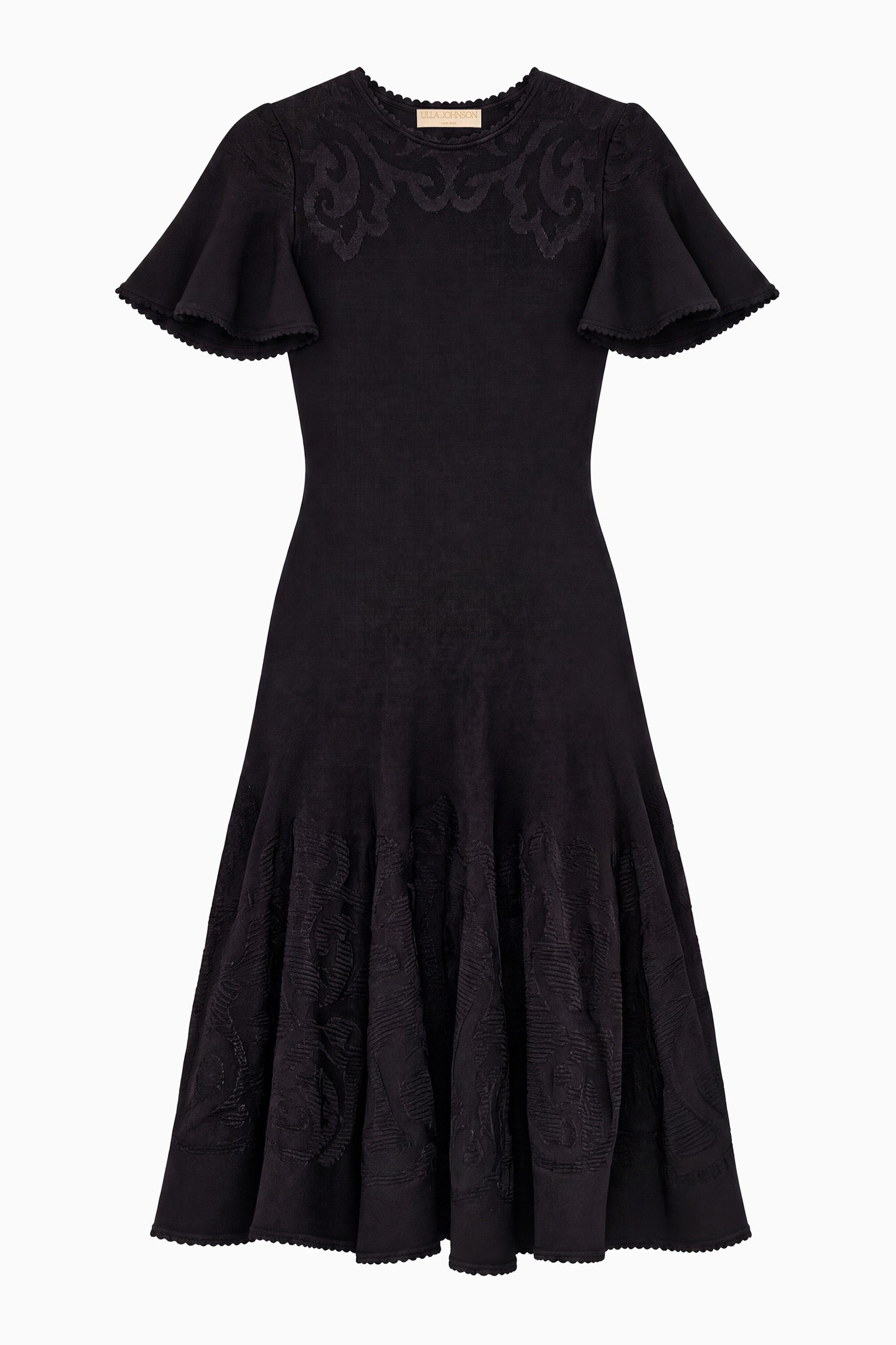 Ulla Johnson Noir Floral Jacquard Knit Mini Dress - Flat Lay, Flutter Sleeves and Pleated Skirt | Ulla Johnson
