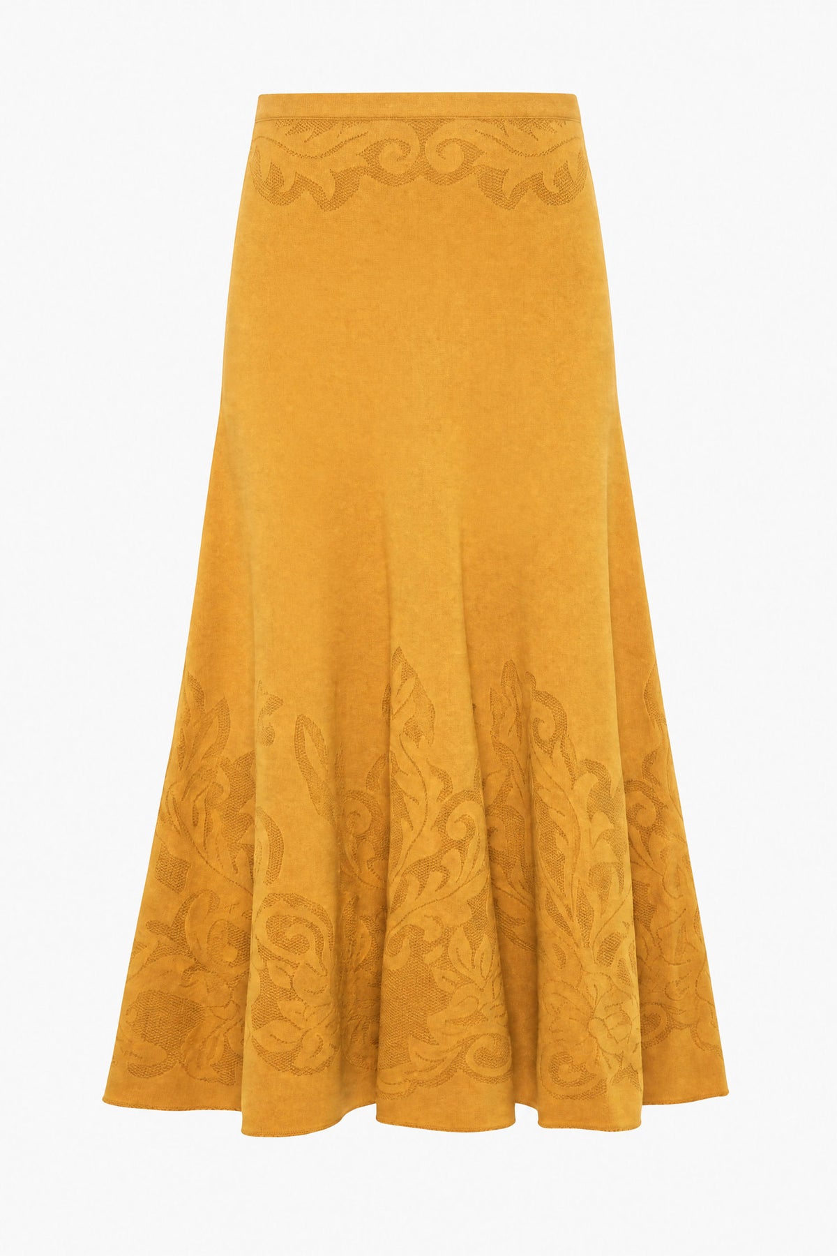 Topaz Designer Compact Knit Midi Skirt - Flat Lay, High Waist Floral Motif | Ulla Johnson