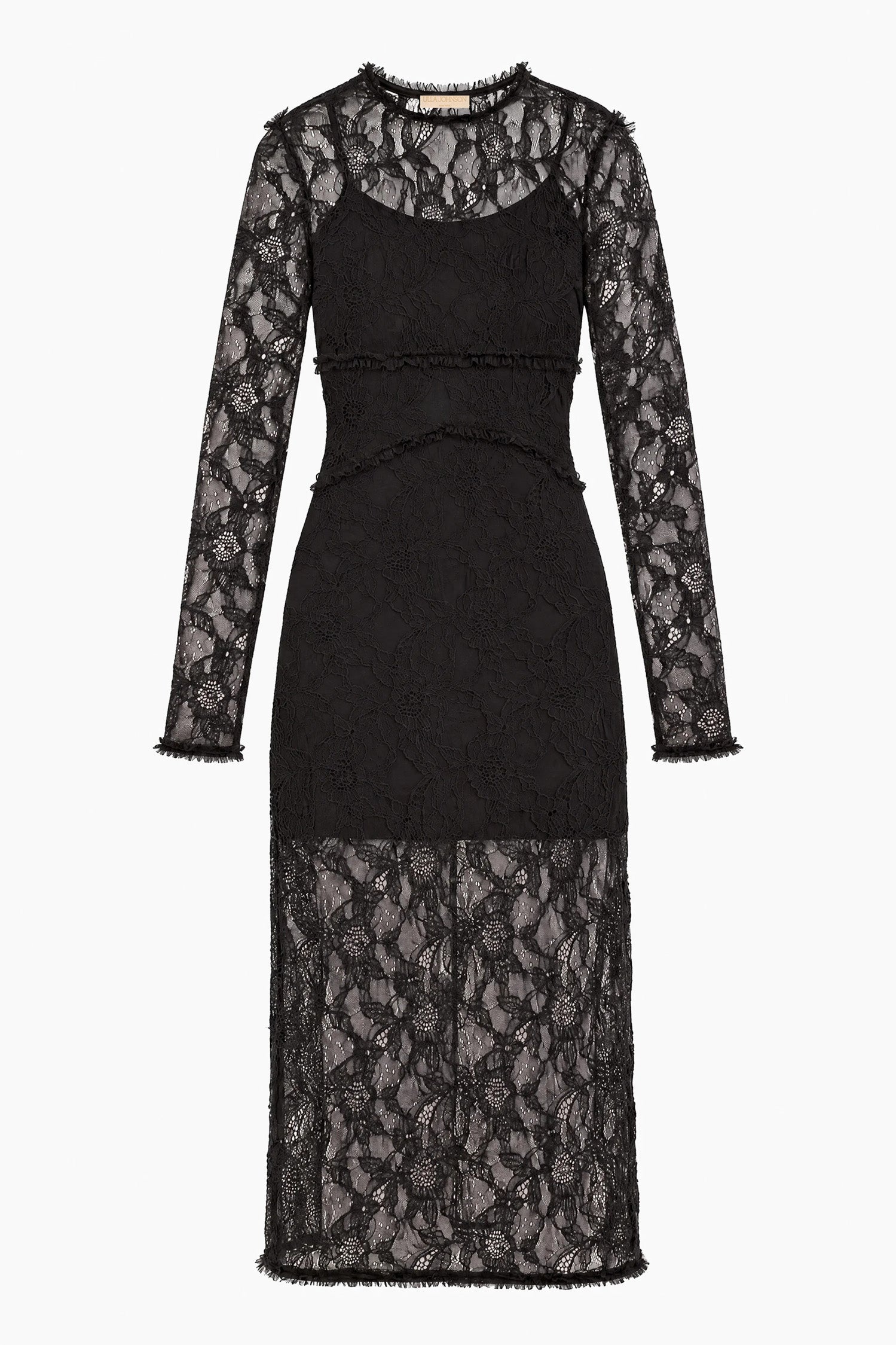Ulla Johnson Noir Chantilly Lace Long Sleeve Midi Dress - Flat Lay, Full Length | Ulla Johnson